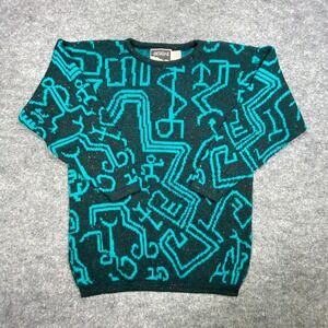 Vintage In Design Teal Geometric Tribal Knit Sweater Mens Large 80s 90s USA Made
